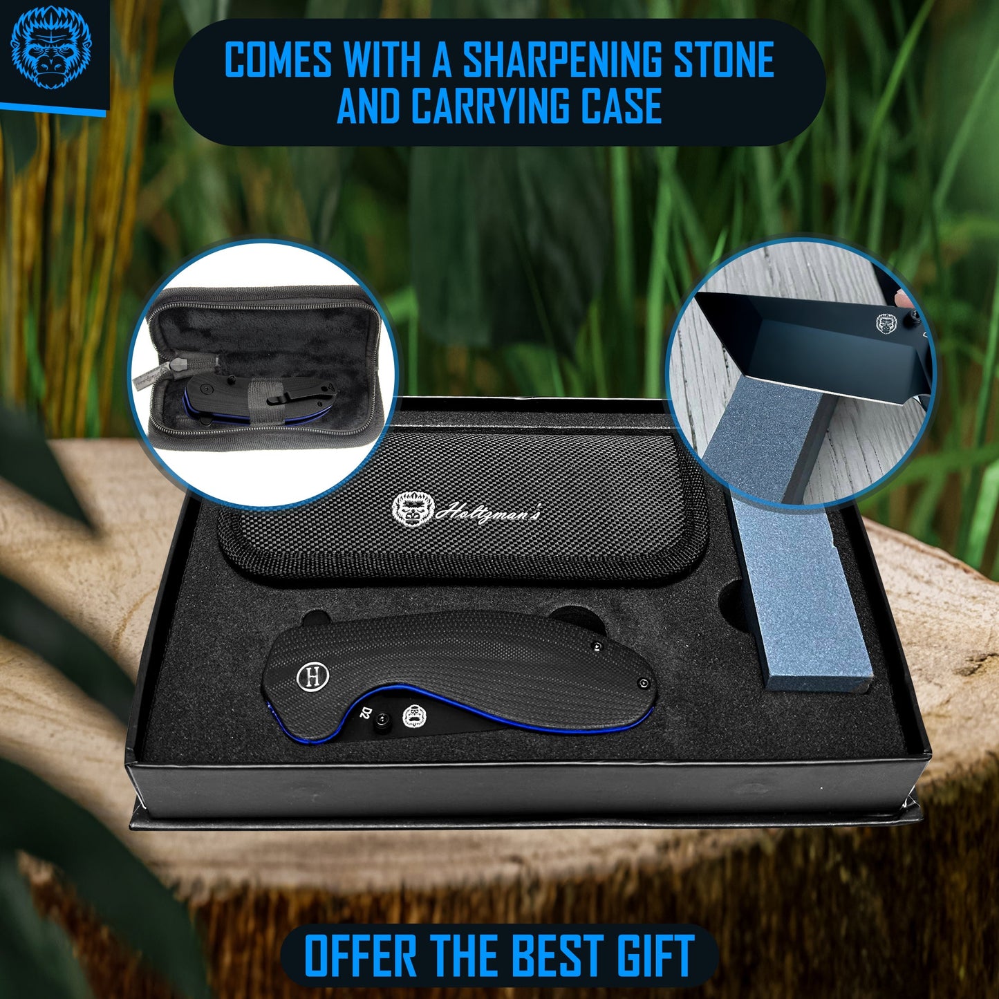 Holtzman's Gorilla Survival The Pioneer Folding Pocket Knife Giftset for Men and Women (Black and Blue)