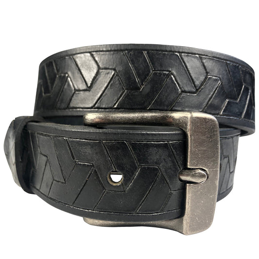 1.25"(32mm) Embossed Geometric Weave Black Buffalo Leather Belt Handmade in Canada by Zelikovitz Size 26-46