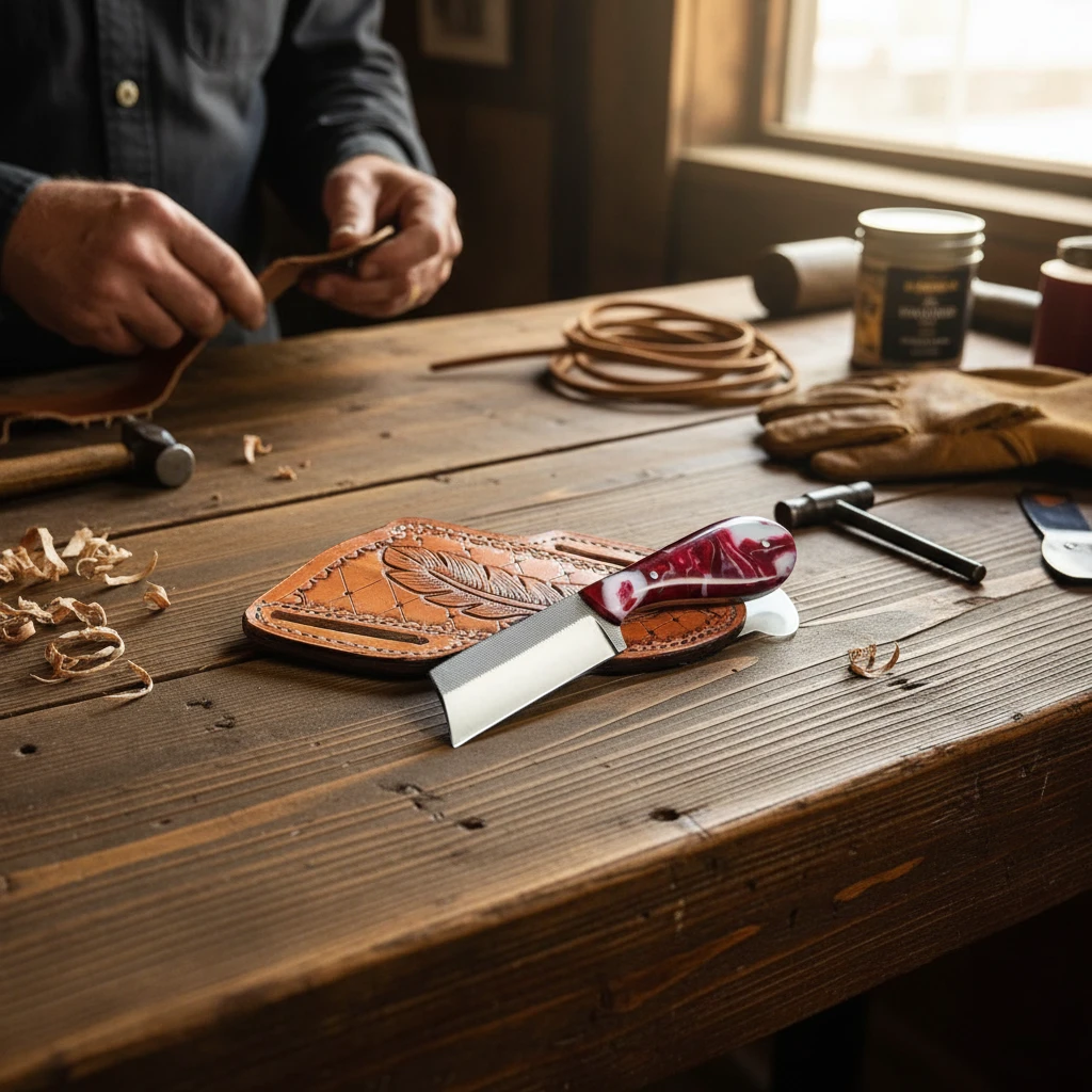 Frontier Cowboy Gear The Brahma – Custom Handmade Rasp Steel Bull Cutter Knife with Epoxy Resin Handle & Leather Sheath