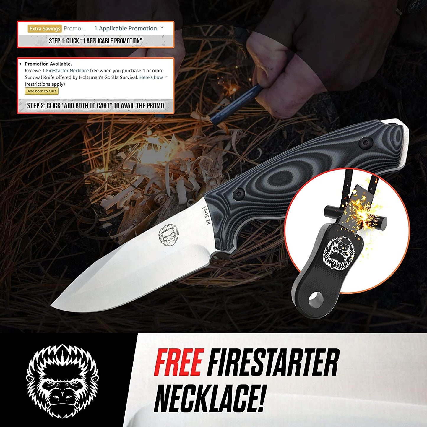 Holtzman's Gorilla Survival "The Silverback" Full Tang D2 Survival Camping Knife Gift Set