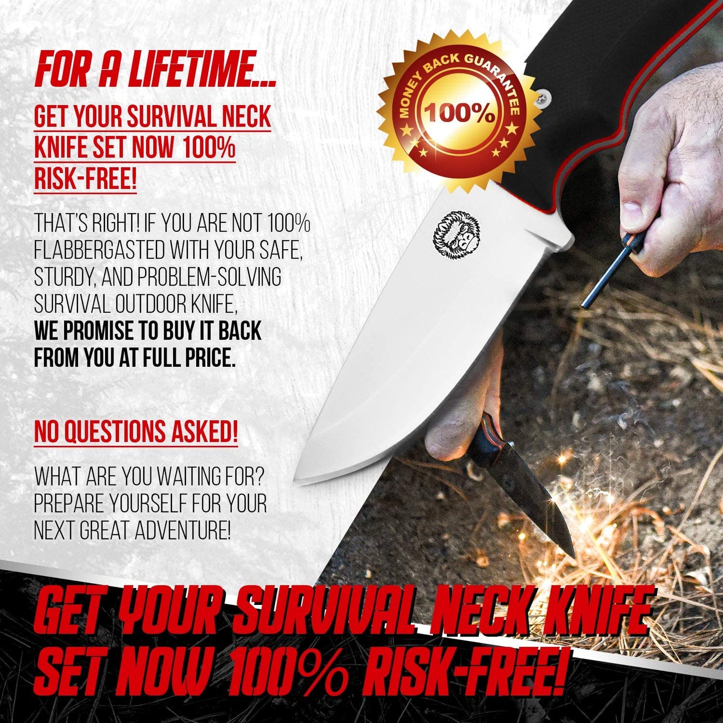 Holtzman's Gorilla Survival "THE REDLINE" FULL TANG SURVIVAL NECK KNIFE WITH G10 HANDLE