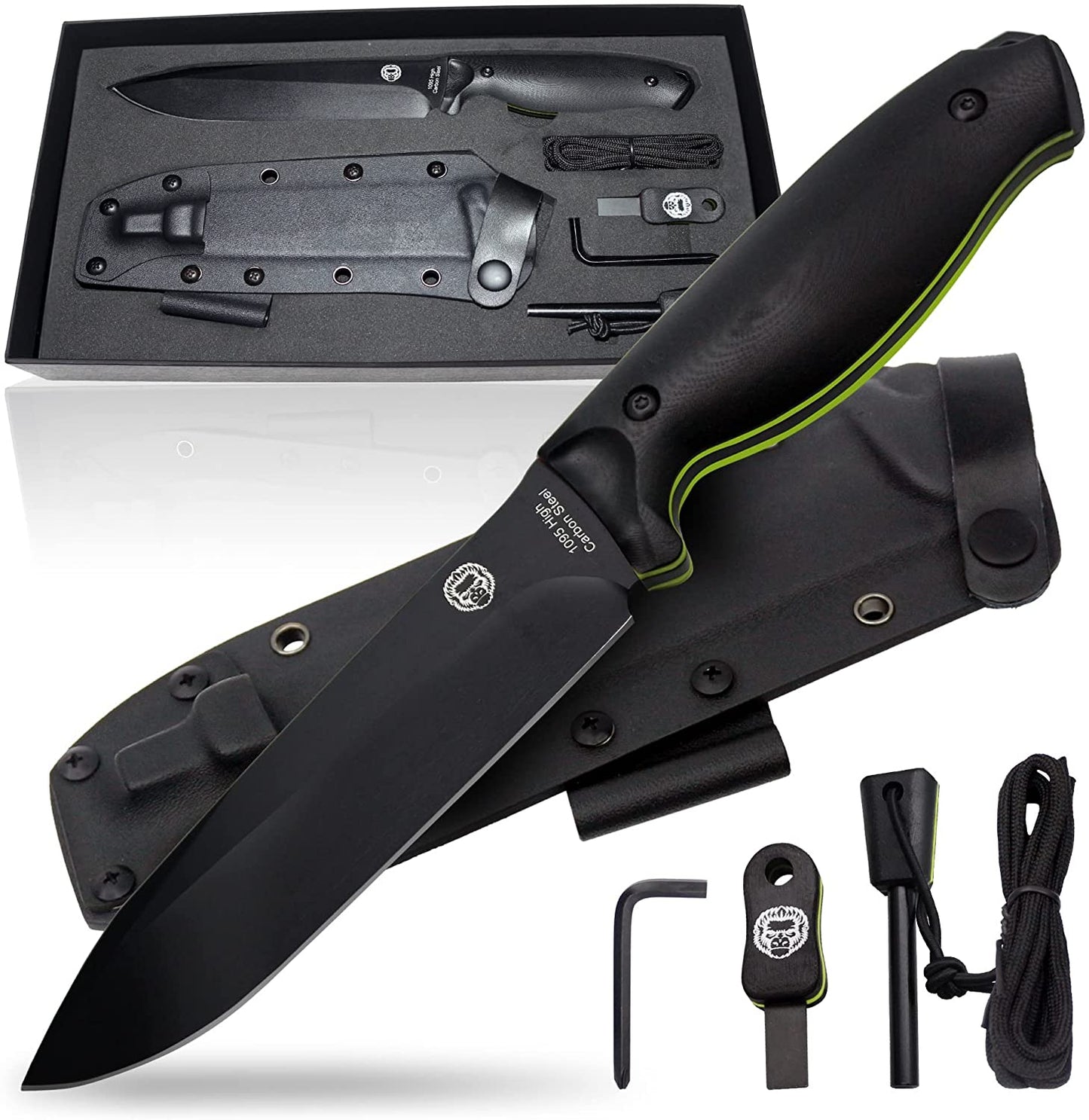 Holtzman's Gorilla Survival "The Fireline" Bushcraft Survival Knife with 1095 High Carbon Blade Giftset (Black and Green)