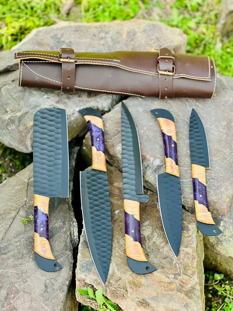 Texan Knives Best Knife Block Set – 13" Forged Stainless Steel Blade with Olivewood & Epoxy Resin Handle + Leather Sheath