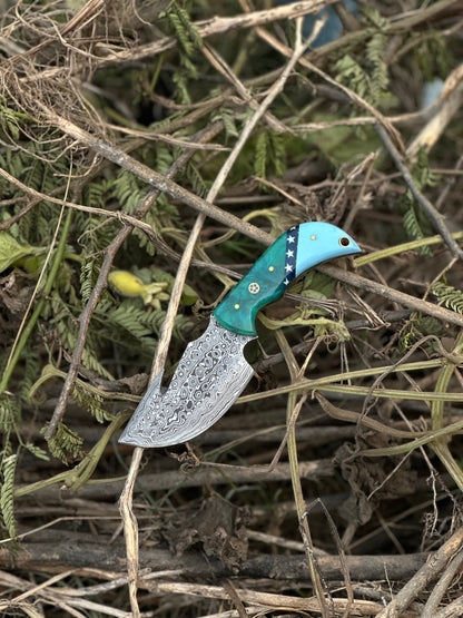 Texan Knives Elite Custom Handmade Damascus Steel Guthook Skinning Knife with Resin Handle - 7.5” Premium Blade with Leather Sheath