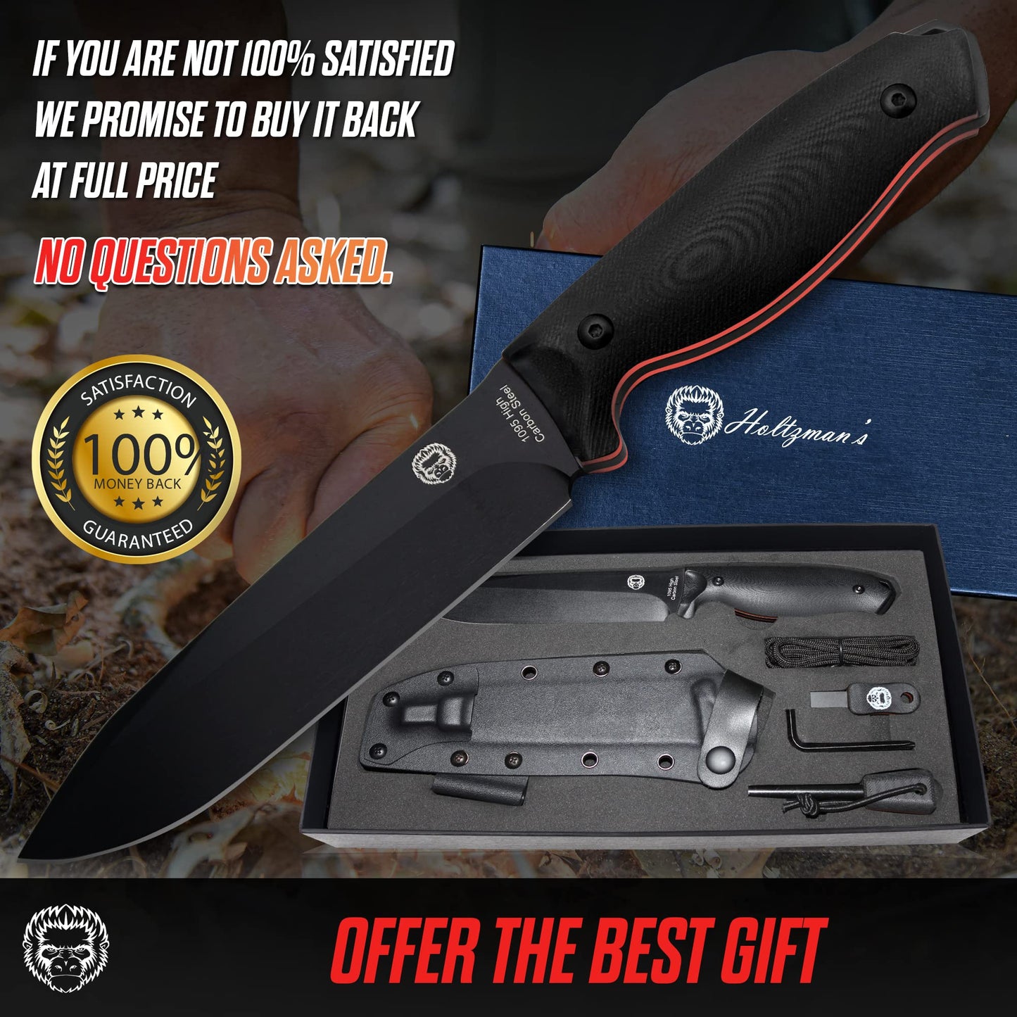 Holtzman's Gorilla Survival "The Fireline" Bushcraft Survival Knife with 1095 High Carbon Blade Giftset (Black and Orange)