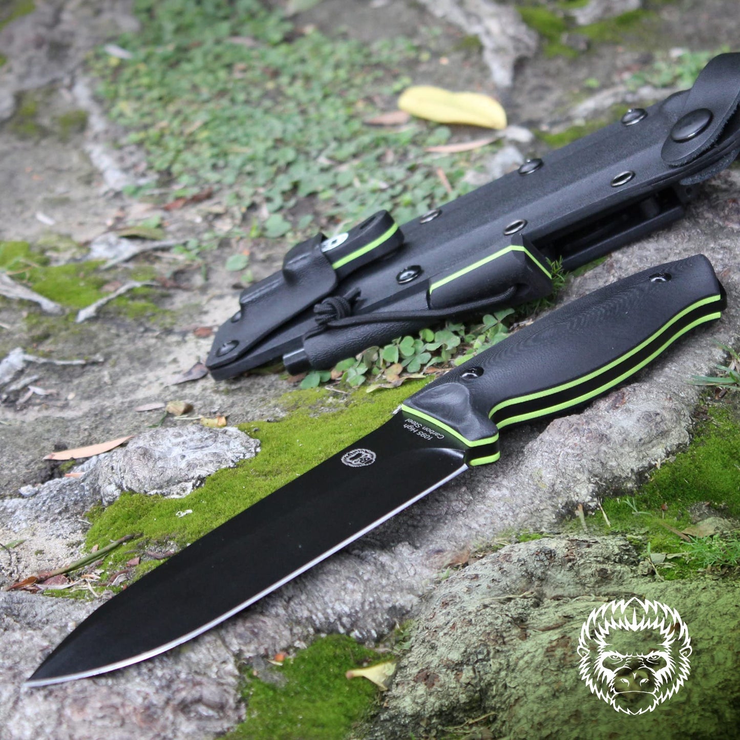 Holtzman's Gorilla Survival "The Fireline" Bushcraft Survival Knife with 1095 High Carbon Blade Giftset (Black and Green)