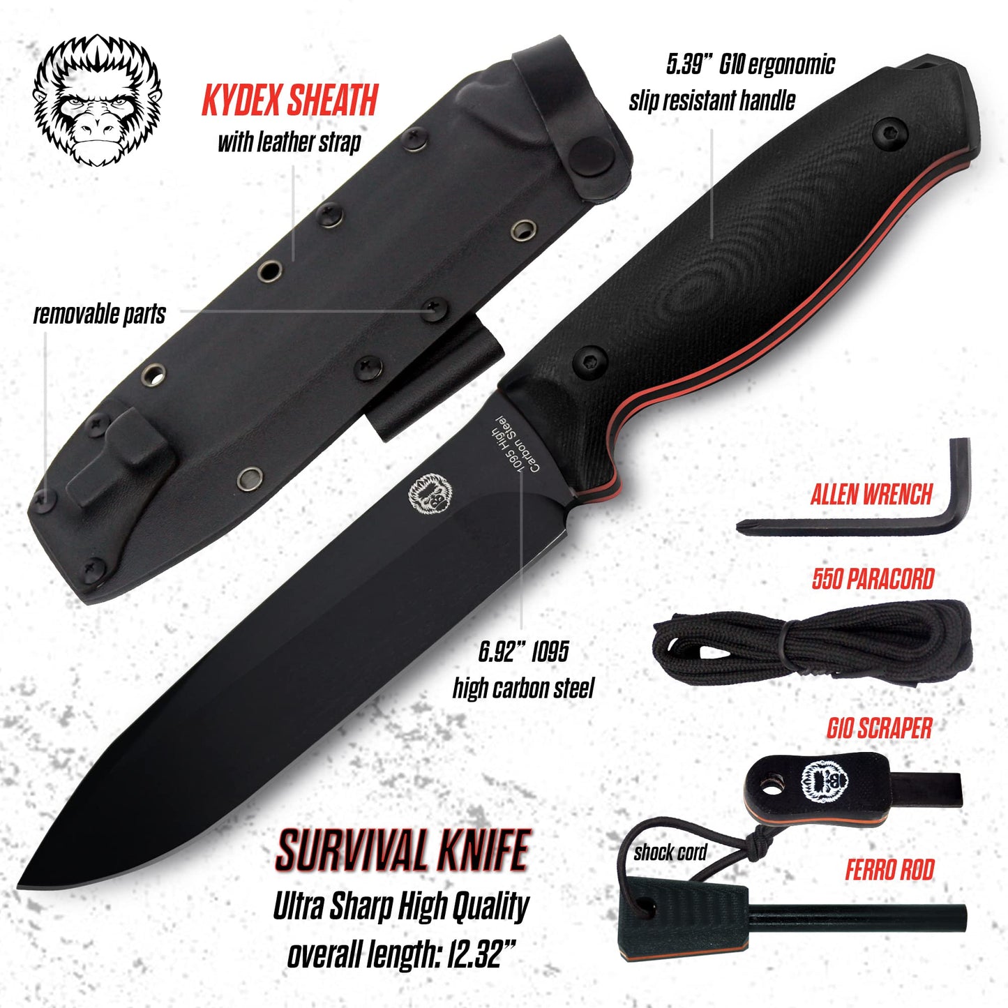Holtzman's Gorilla Survival "The Fireline" Bushcraft Survival Knife with 1095 High Carbon Blade Giftset (Black and Orange)