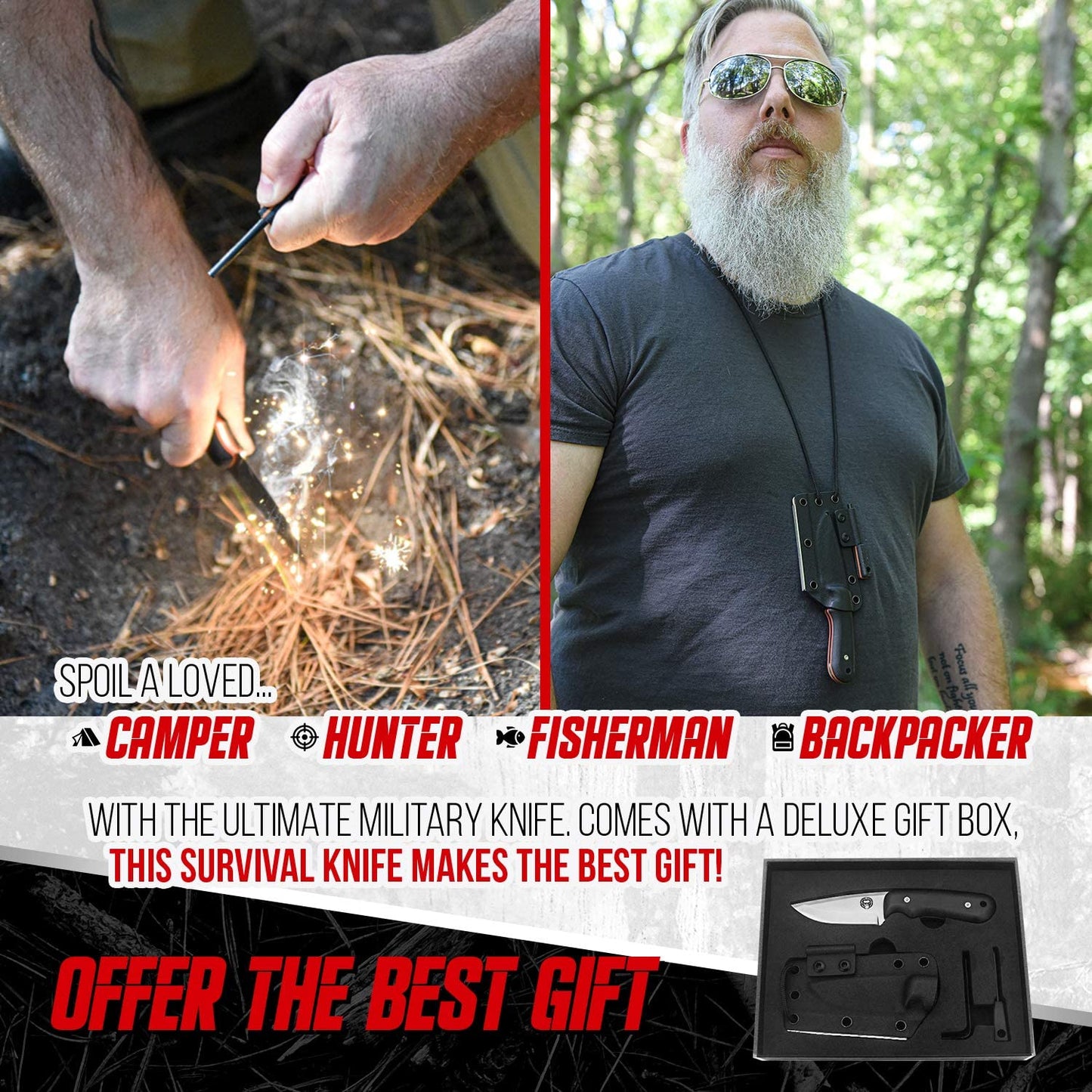 Holtzman's Gorilla Survival "THE REDLINE" FULL TANG SURVIVAL NECK KNIFE WITH G10 HANDLE