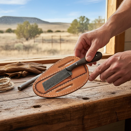 Frontier Cowboy Gear The Nighthawk – Custom Handmade O1 Steel Bull Cutter Knife with Wenge Wood Handle & Leather Sheath