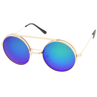 zeroUV Retro Round Steampunk Mirrored Lens Flip Up Sunglasses 8966