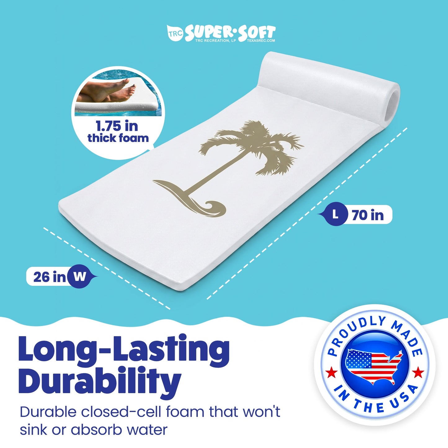 TRC Recreation Sunsation 1.75" Thick Foam Lounger Raft Pool Float, Bronze Palm
