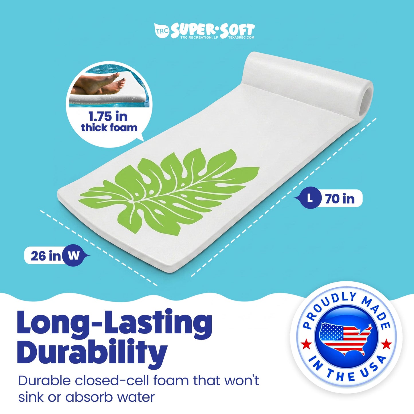TRC Recreation Sunsation 1.75" Thick Foam Lounger Raft Pool Float, Green Leaf