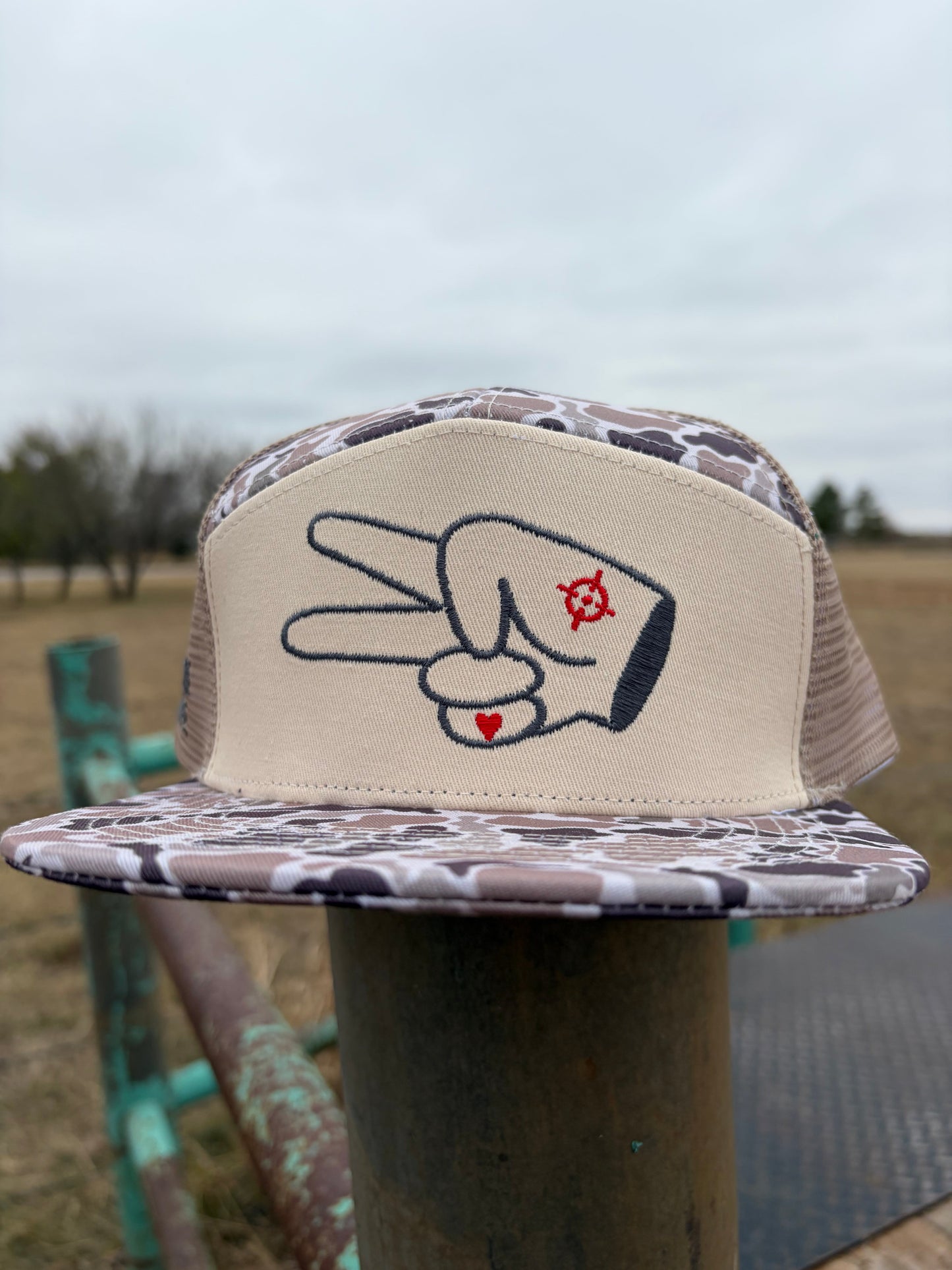 Hustlin Hippie PL Series 7 Panel Mesh Snapback- TAN/CAMO- GREY LOGO w/ BOLD style