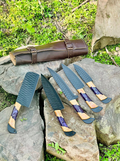 Texan Knives Best Knife Block Set – 13" Forged Stainless Steel Blade with Olivewood & Epoxy Resin Handle + Leather Sheath