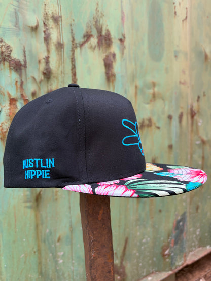 Hustlin Hippie PL Series 5 Panel Snapback Hat- BLACK/FLOWER- BLUE LOGO w/ BOLD style