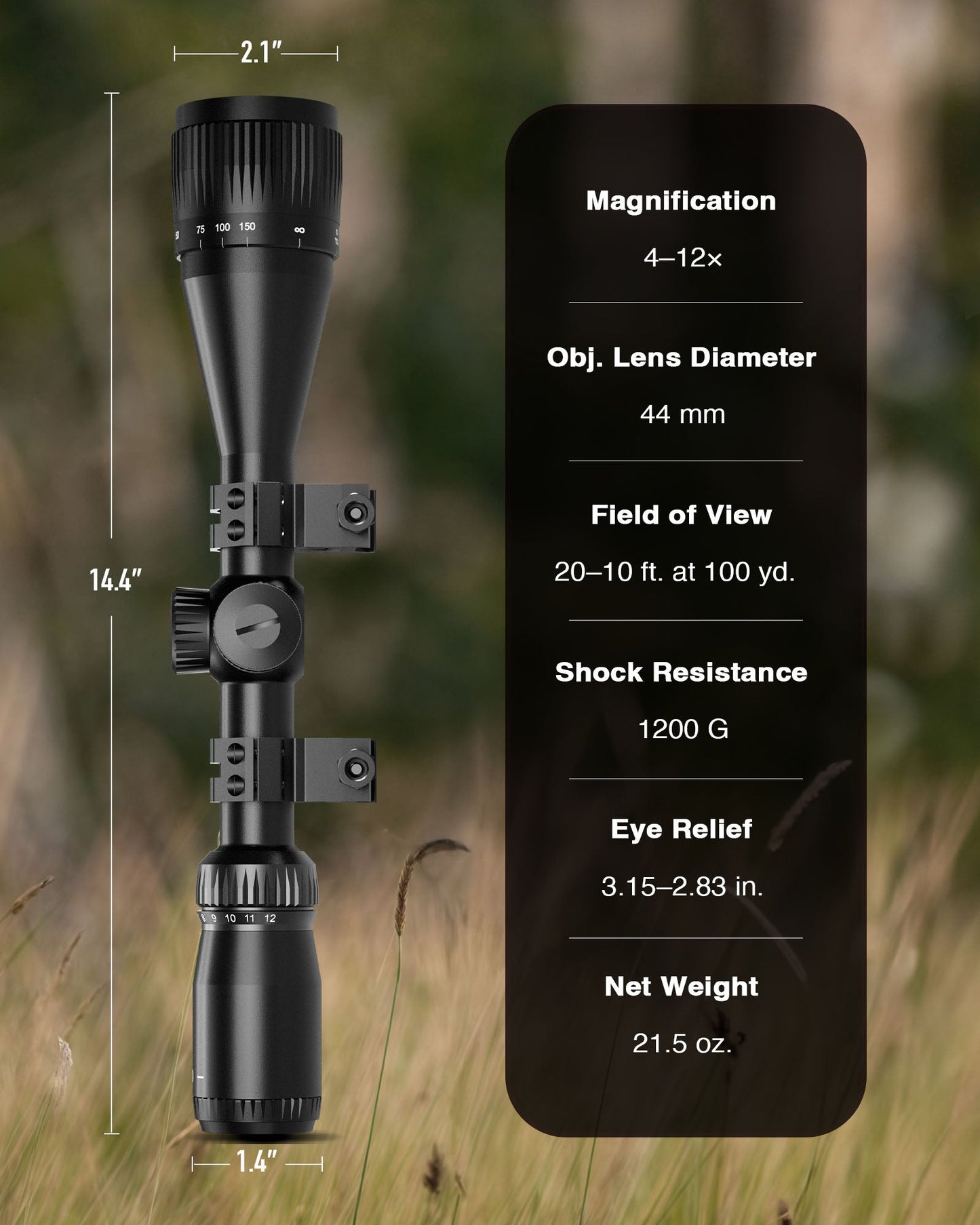 Pinty Scopes 4-12x44 Red & Green Illuminated Optical Riflescope Reticle AO Scope