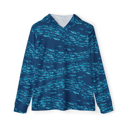 Texas Rigged Tees Deep Blue Schooling Fish — Unisex Fishing Pullover Hoodie (SPF 50+)