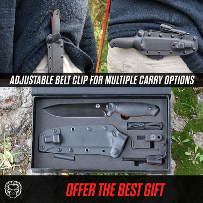 Holtzman's Gorilla Survival "The Fireline" Bushcraft Survival Knife with 1095 High Carbon Blade Giftset (Black and Orange)