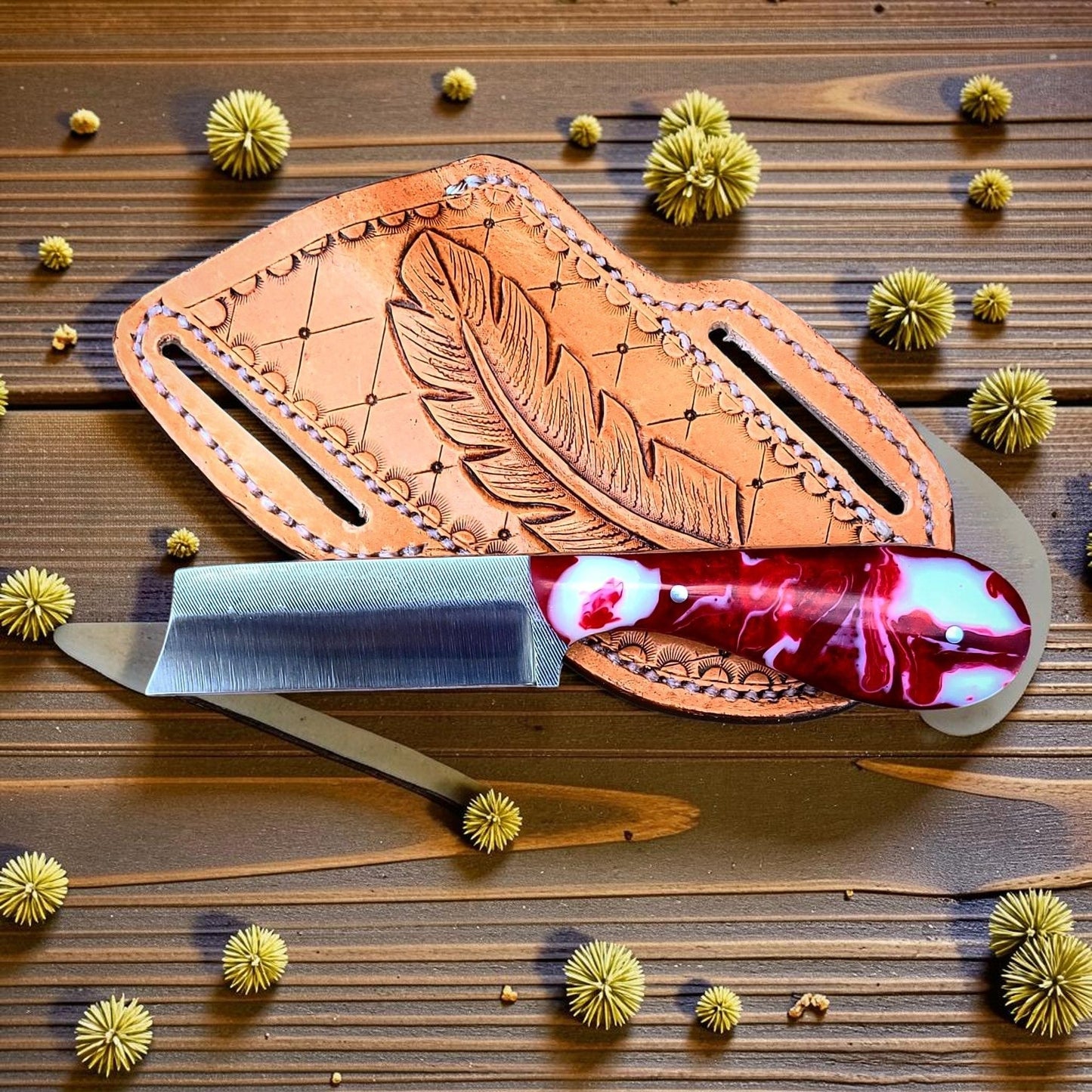 Frontier Cowboy Gear The Brahma – Custom Handmade Rasp Steel Bull Cutter Knife with Epoxy Resin Handle & Leather Sheath