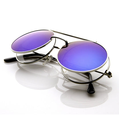 zeroUV Steampunk Mirrored Lens Round Circle Flip Up Frame Sunglasses 8794