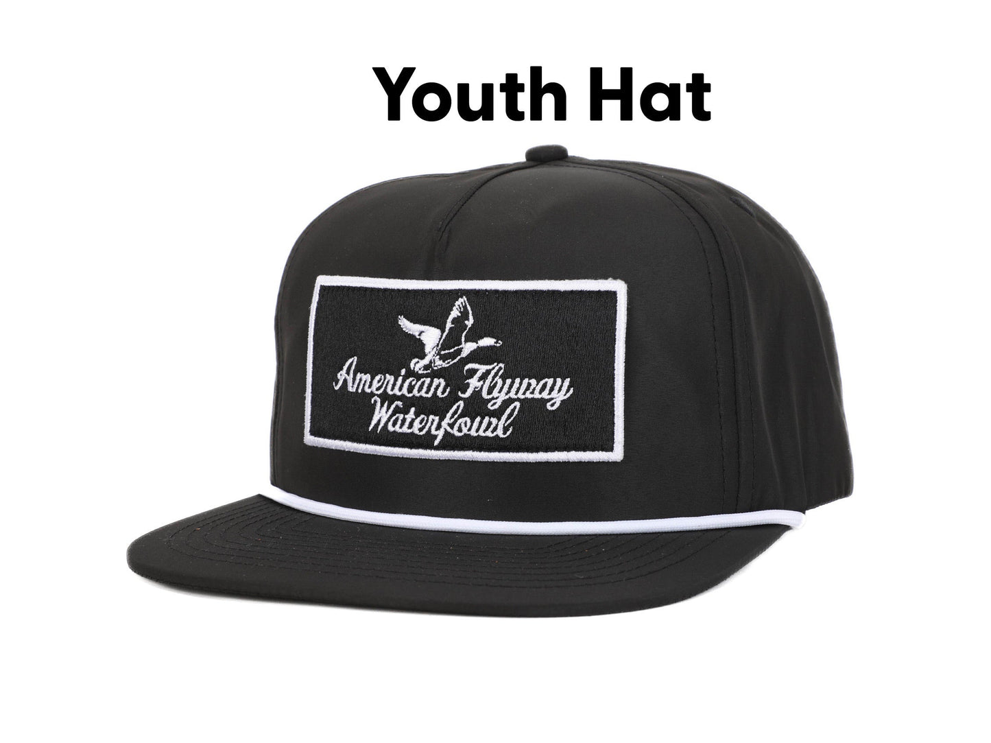 American Flyway Waterfowl Youth Throwback Vintage Rope Hat Black w Patch and White Rope