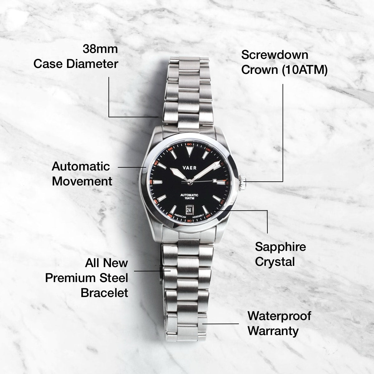 Vaer Watches A5 Atlas Black Auto - 38mm USA