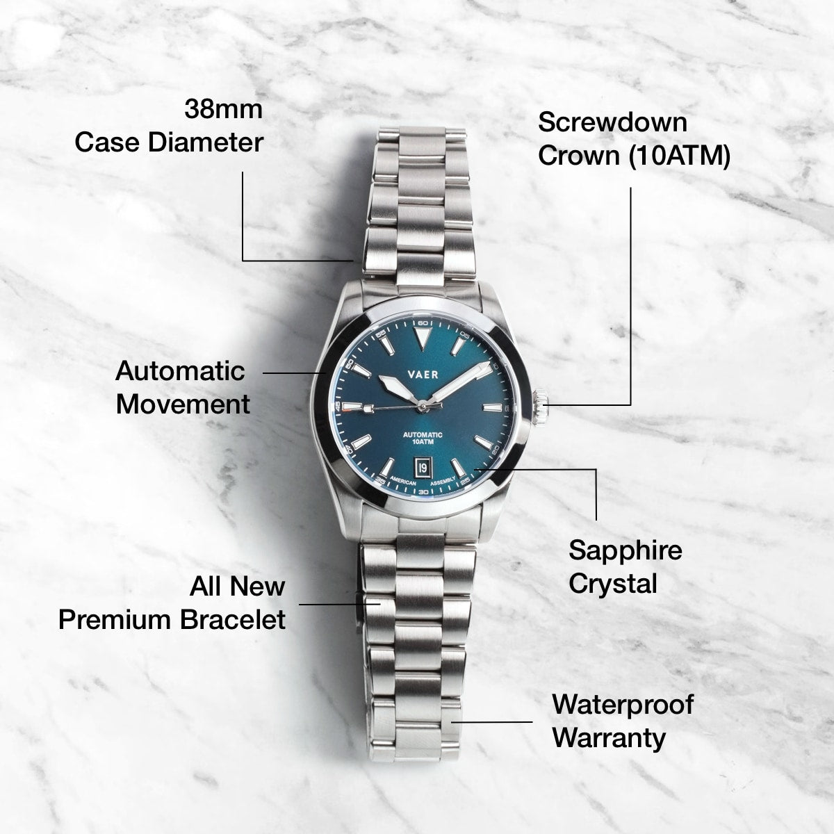 Vaer Watches A5 Atlas Green Auto - 38mm USA