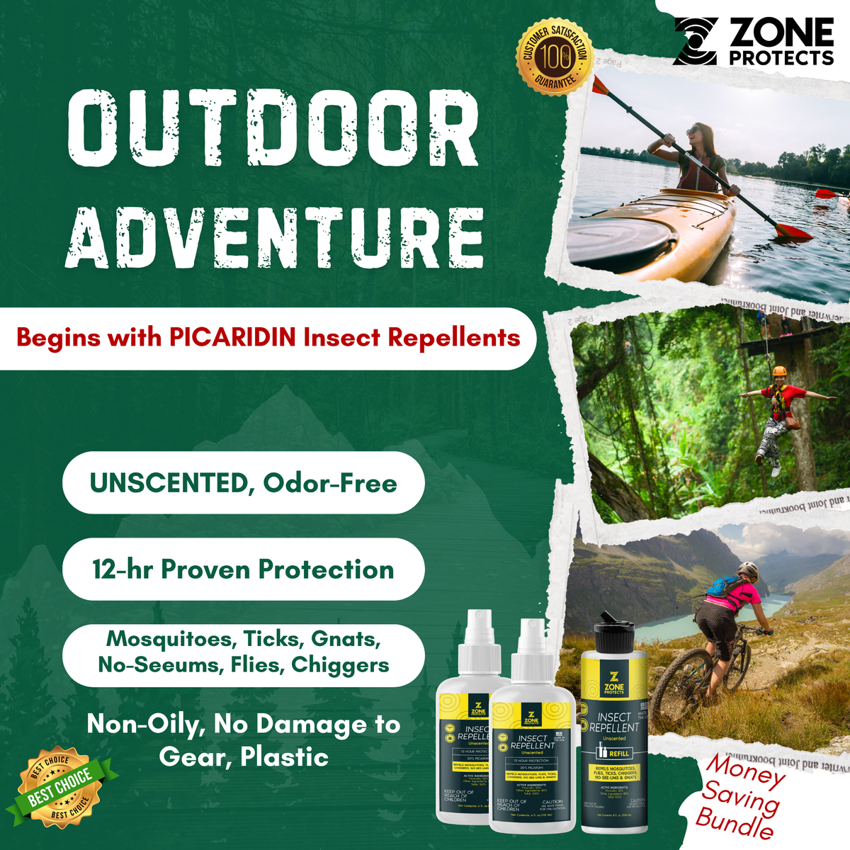 Zone Protects Insect Repellent, Picaridin Unscented Bundle 2 Pack of 4oz + Refill