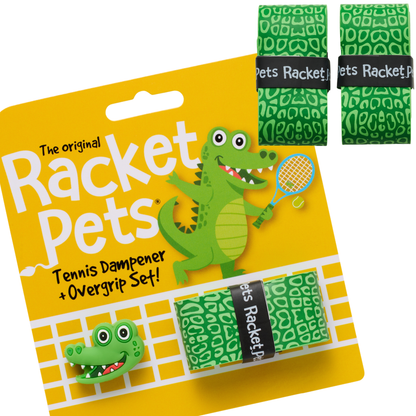 Racket Pets Value Pack - A Green Alligator Racket Pet Tennis Dampener and Overgrip Tape with a (Pack of 2) Replacement Overgrip Tape