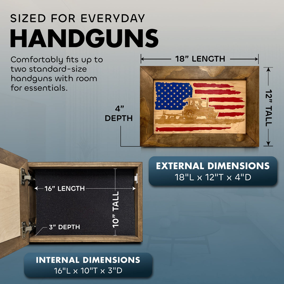Bellewood Designs - Locking Gun Cabinet Wall Mounted with American Flag and Farmer Patriotic Decorative Front