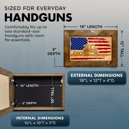 Bellewood Designs - Locking Gun Cabinet Wall Mounted with American Flag and Farmer Patriotic Decorative Front