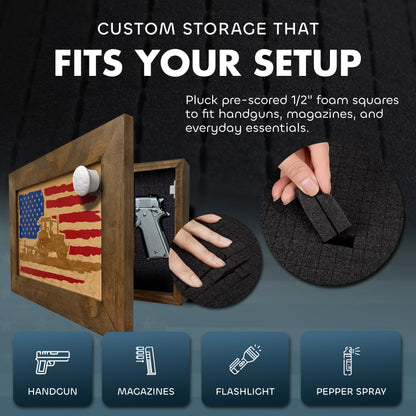 Bellewood Designs - Locking Gun Cabinet Wall Mounted with American Flag and Farmer Patriotic Decorative Front