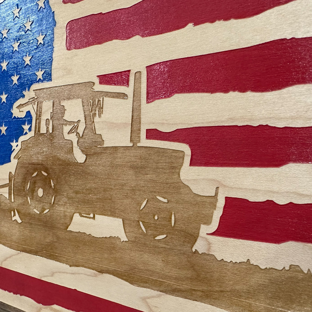Bellewood Designs - Locking Gun Cabinet Wall Mounted with American Flag and Farmer Patriotic Decorative Front