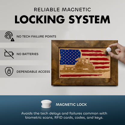 Bellewood Designs - Locking Gun Cabinet Wall Mounted with American Flag and Farmer Patriotic Decorative Front