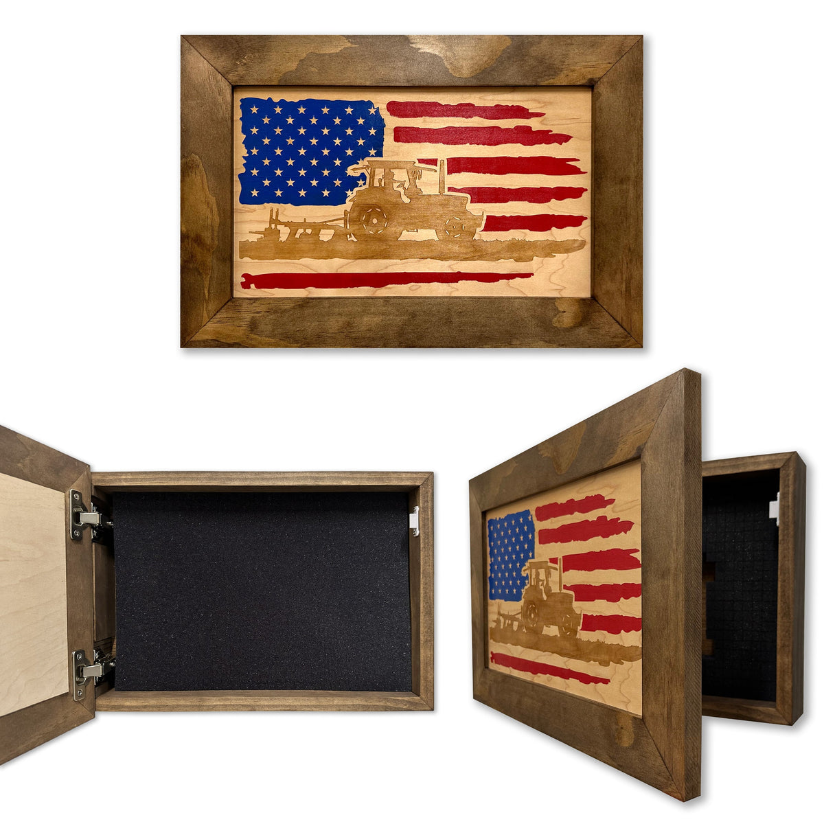 Bellewood Designs - Locking Gun Cabinet Wall Mounted with American Flag and Farmer Patriotic Decorative Front