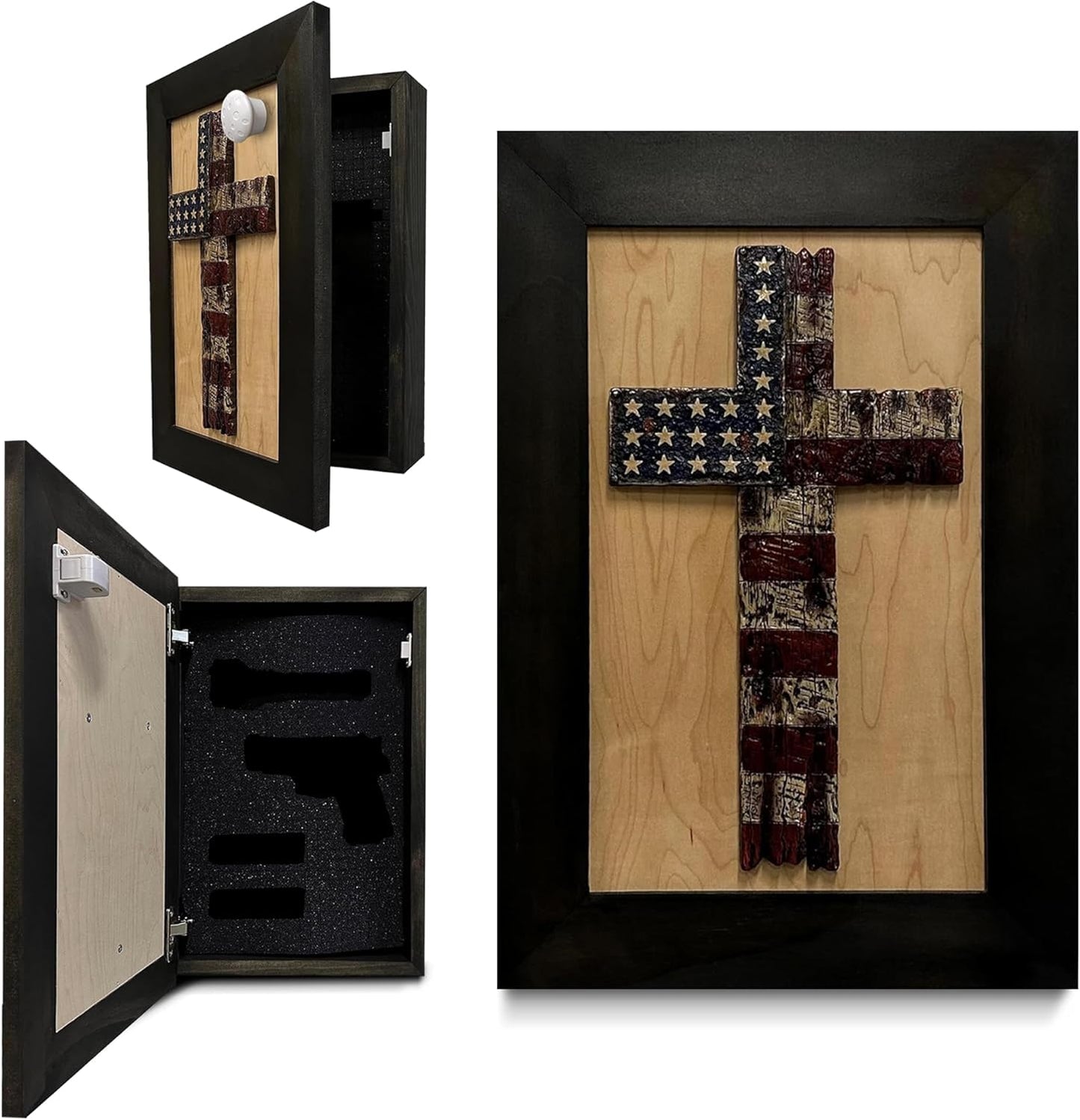 Bellewood Designs - American Flag Cross Decorative Wall-Mounted Secure Gun Cabinet