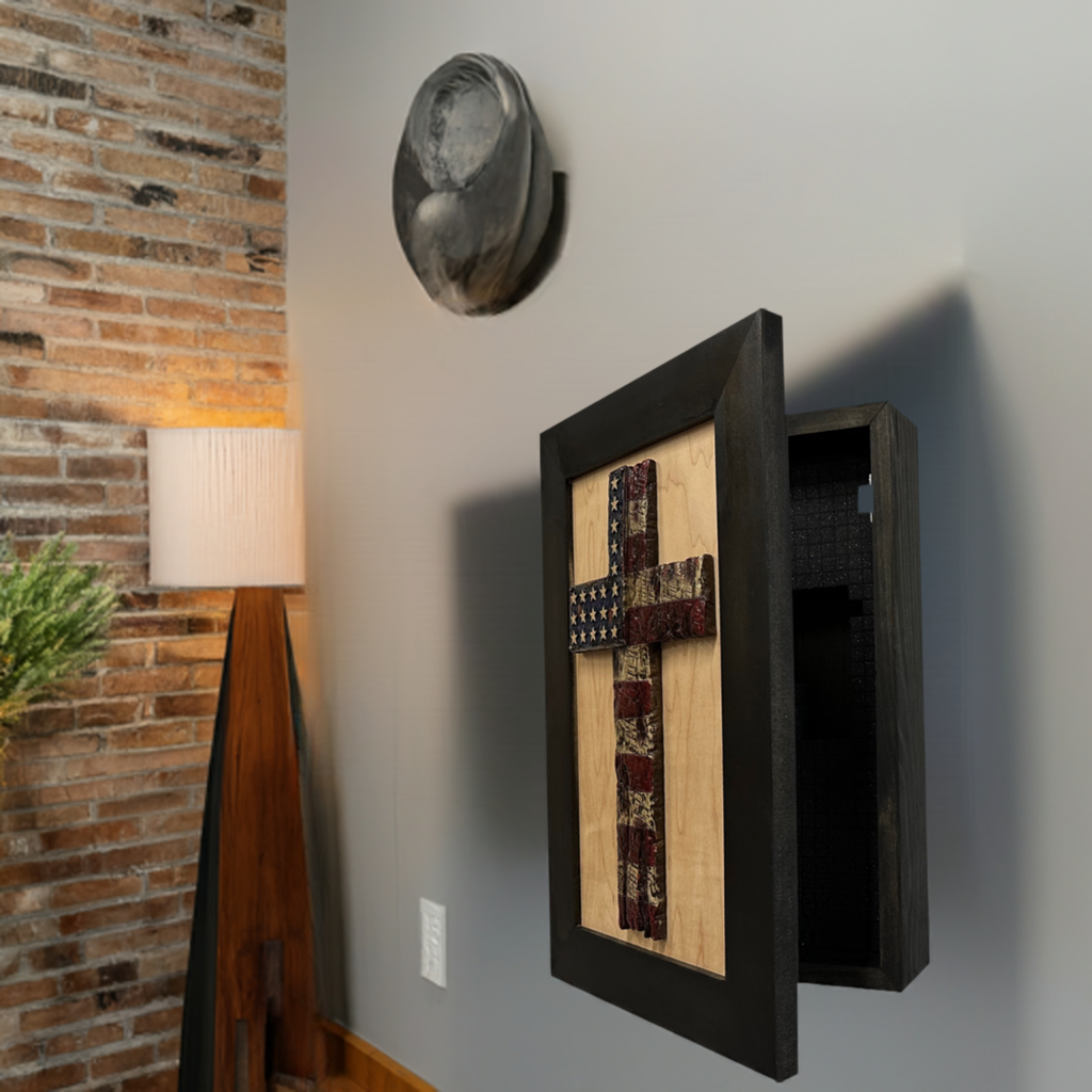 Bellewood Designs - American Flag Cross Decorative Wall-Mounted Secure Gun Cabinet