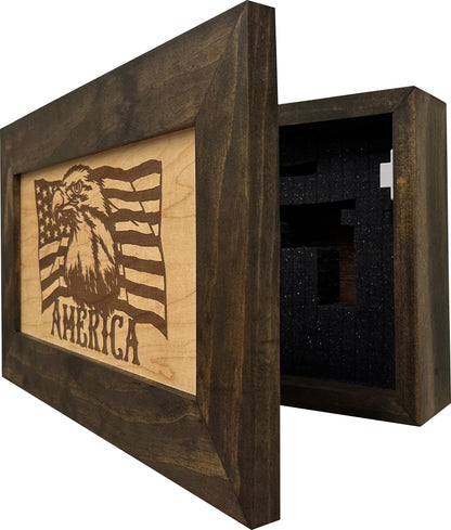 Bellewood Designs - American Flag with Bald Eagle Patriotic Decorative Wall-Mounted Secure Gun Cabinet