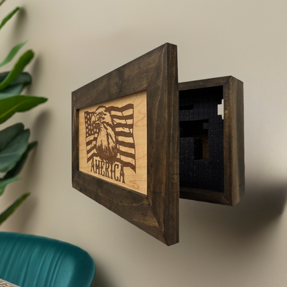 Bellewood Designs - American Flag with Bald Eagle Patriotic Decorative Wall-Mounted Secure Gun Cabinet