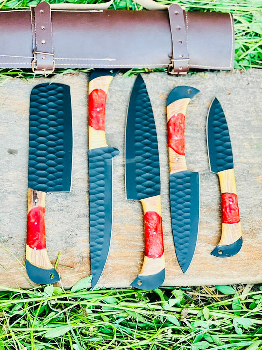 Texan Knives Best Japanese Kitchen Knife Set – 13" Forged Stainless Steel Blade with Olivewood & Resin Handle + Leather Sheath