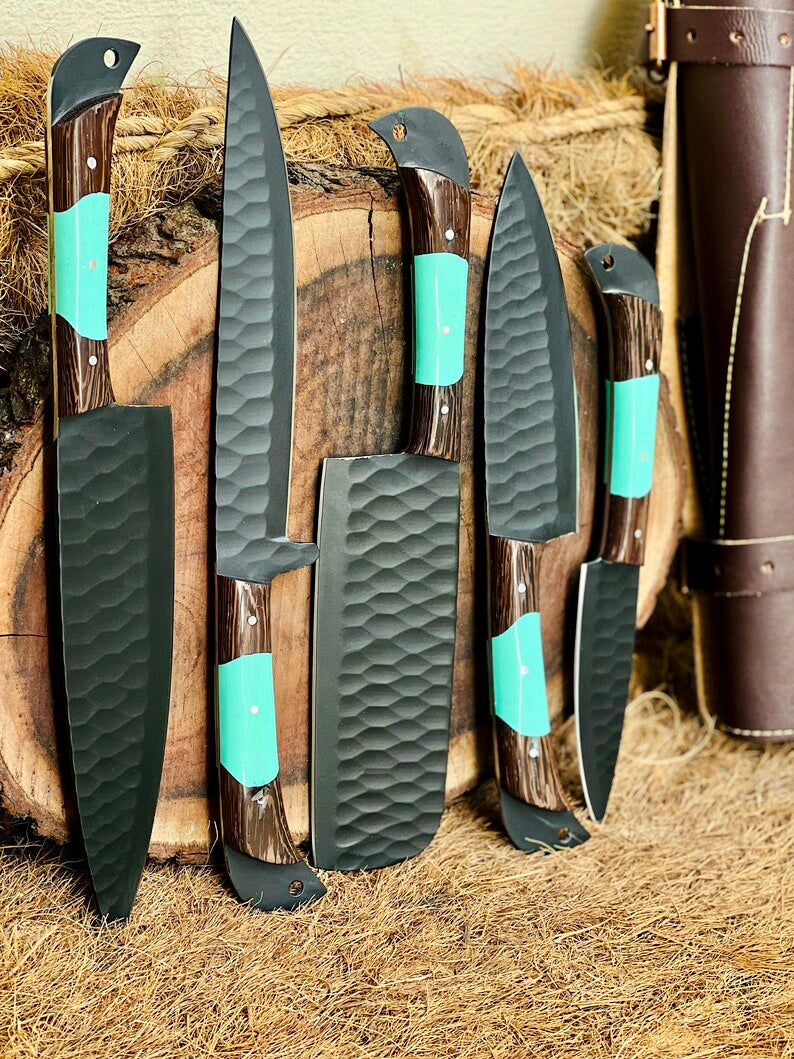 Texan Knives Knife Set – 13" Forged Stainless Steel Blade with Wenge Wood & Resin Handle + Leather Sheath