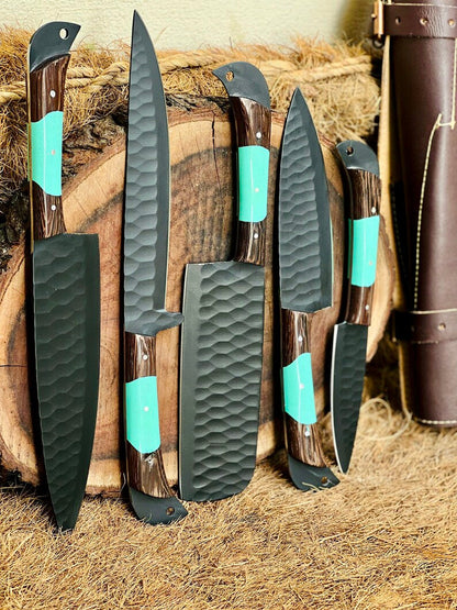 Texan Knives Knife Set – 13" Forged Stainless Steel Blade with Wenge Wood & Resin Handle + Leather Sheath
