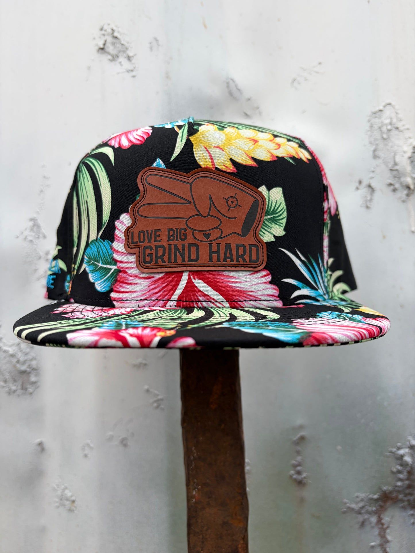 Hustlin Hippie PL Series 5 Panel Snapback Hat- FLORAL- “Love Big, Grind Hard” Patch