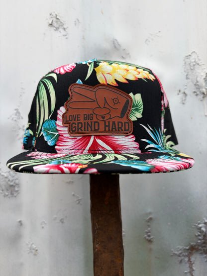 Hustlin Hippie PL Series 5 Panel Snapback Hat- FLORAL- “Love Big, Grind Hard” Patch
