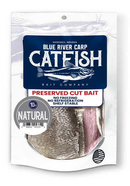 Blue River Carp Preserved Pre-Cut Fish Bait Chunks, 10oz package - 7 scents available