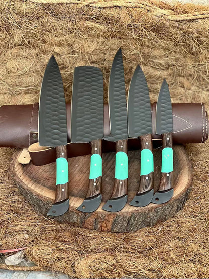 Texan Knives Knife Set – 13" Forged Stainless Steel Blade with Wenge Wood & Resin Handle + Leather Sheath