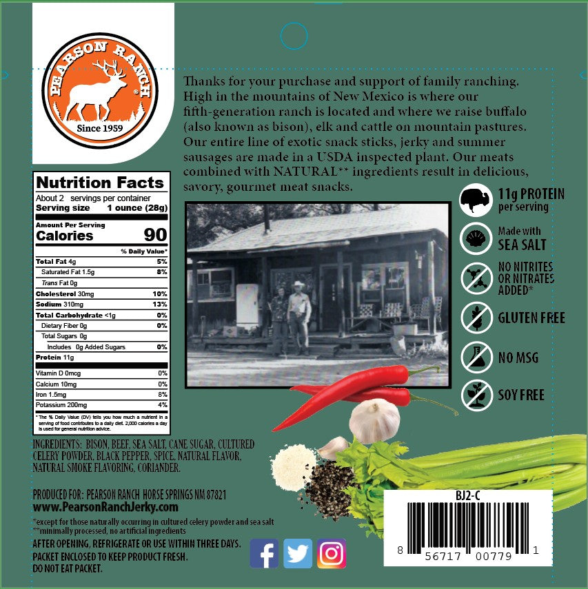 Pearson Ranch - Buffalo Jerky - 2.1oz Resealable Bag