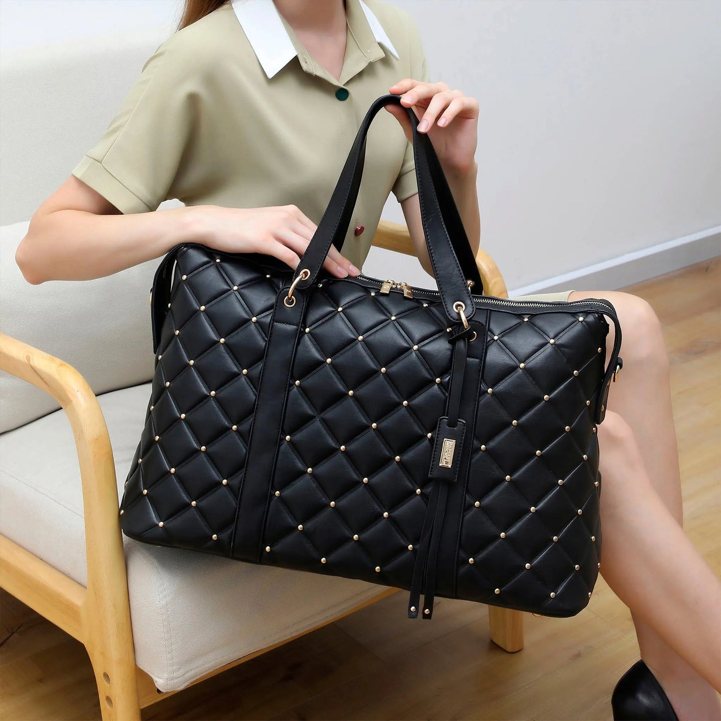 Badgley Mischka Diamond Quilted Vegan Leather Weekender Tote Bag