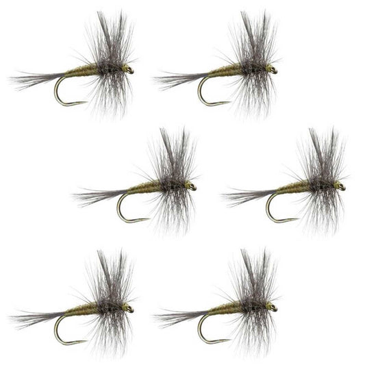 The Fly Fishing Place Barbless Blue Winged Olive BWO Classic Trout Dry Fly Fishing Flies - Set of 6 Flies Size 16