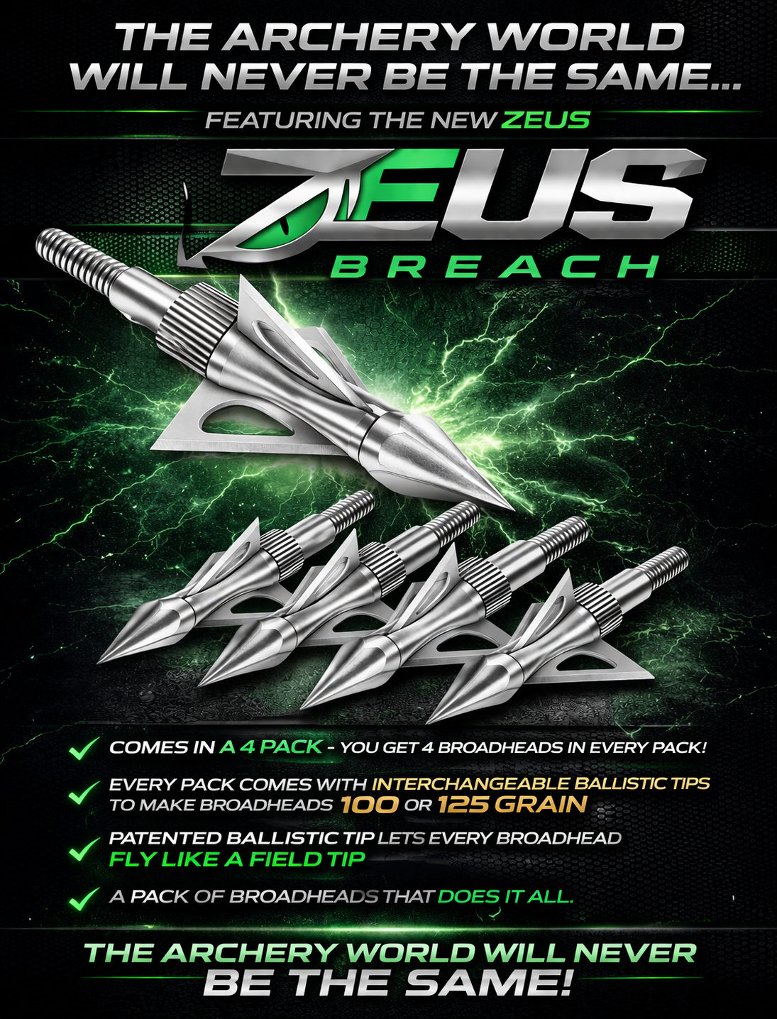 Killz ZEUS BREACH BROADHEADS (4 PACK)-COMES WITH BOTH 100/125 GR TIPS